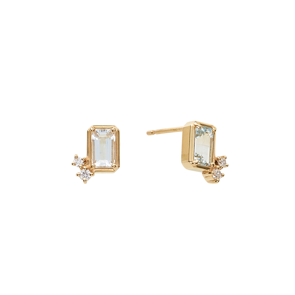 QIREINI K10YG ダイヤモンド / アクアマリン ピアス